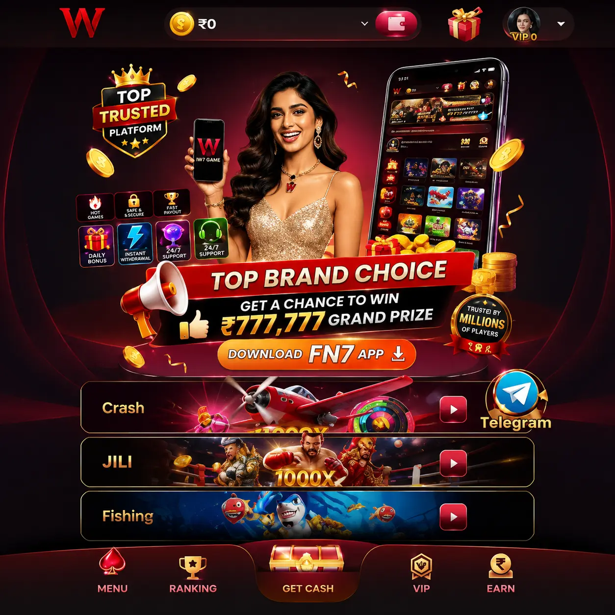 IW7 Game app home screen showing casino games, rewards, VIP benefits, download option, and Telegram support.